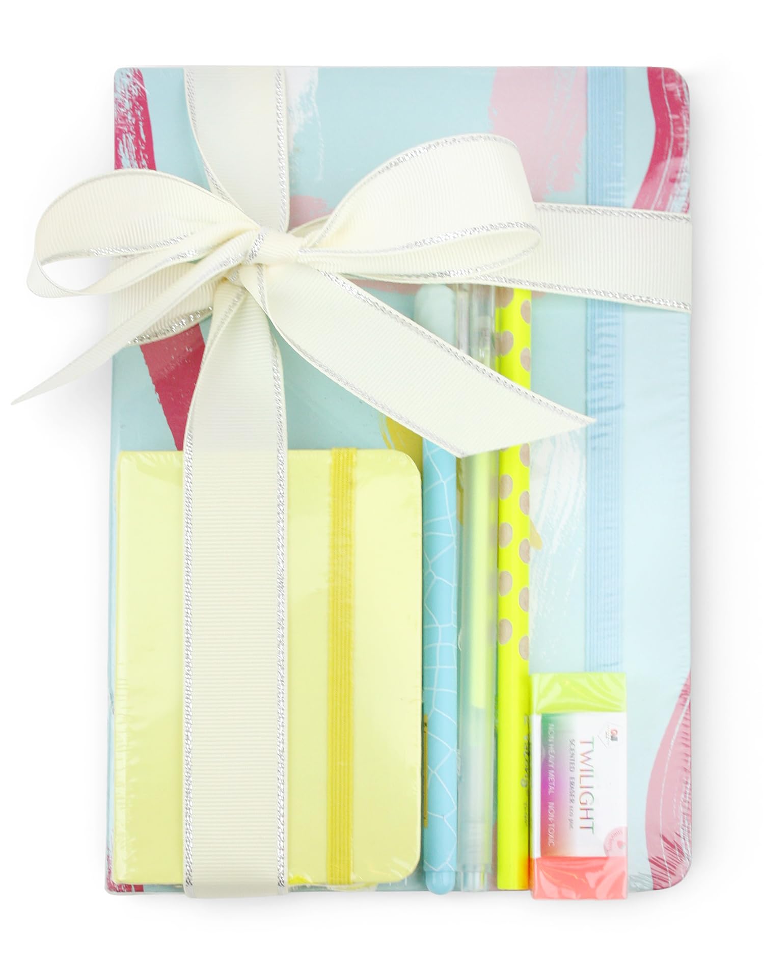 Emartbuy Cool Stationery Unique Gift Set with Pastel A5 and A7 Notebook Journal Pen Pencil Eraser in Ribbon - Blue Pink Gift Set
