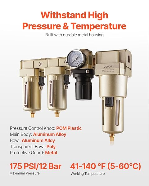 VEVOR AIR COMPRESSOR FILTER REGULATOR COMBO, 1/2″ NPT 3-STAGE 25ΜM & 5ΜM & 0.3ΜM COMPRESSED AIR DRYING SYSTEM WITH MICRON FILTERS & OIL-WATER SEPARATOR, SEMI-AUTO DRAIN, 175PSI MAX WORKING PRESSURE