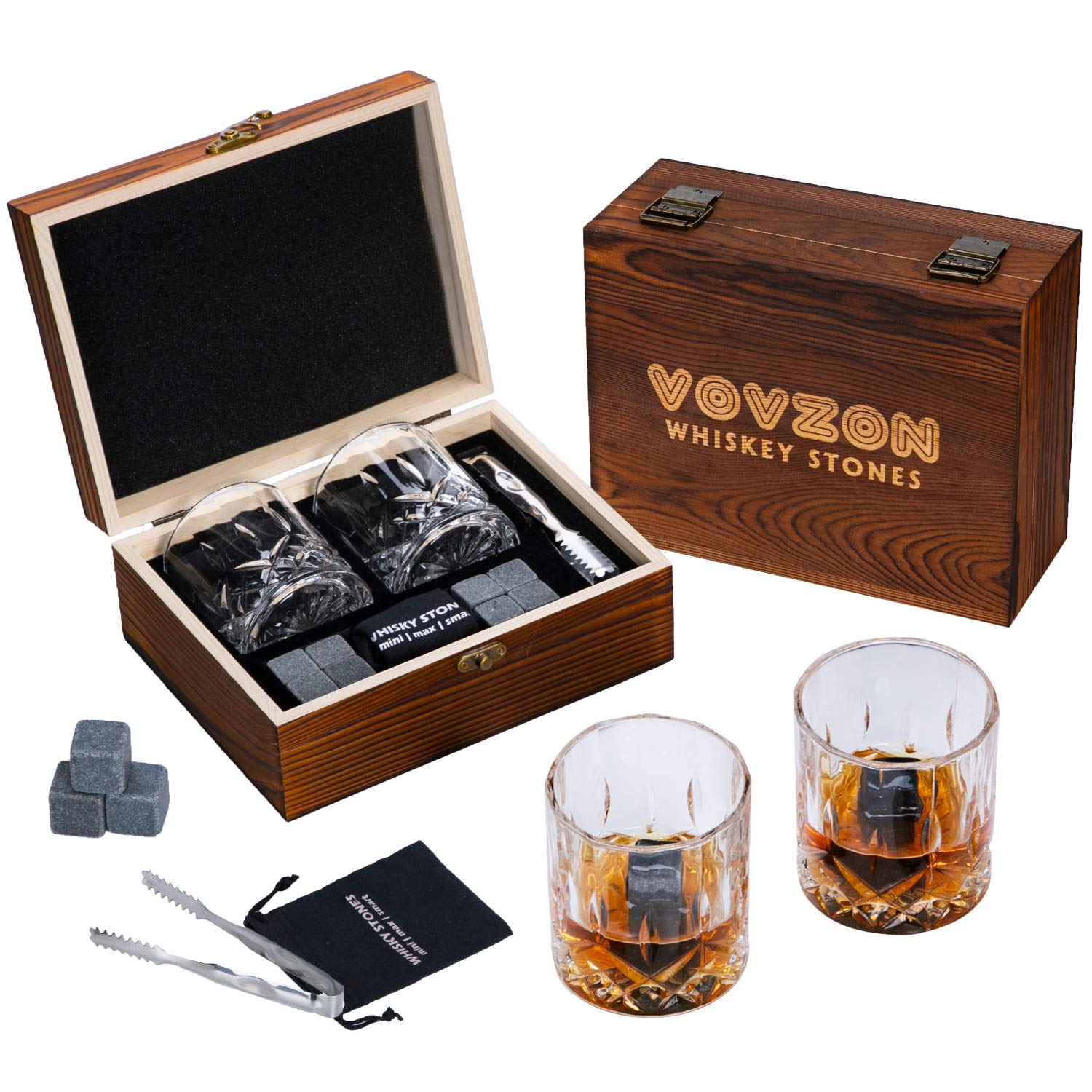 Whiskey Stones and Glasses Gift Set for Men – 8 Whisky Scotch Bourbon Chilling Stones, 2 Whiskey Glasses in Wooden Box – Father's Day/Christmas/Birthday Gift/Present for Father Dad Boyfriend