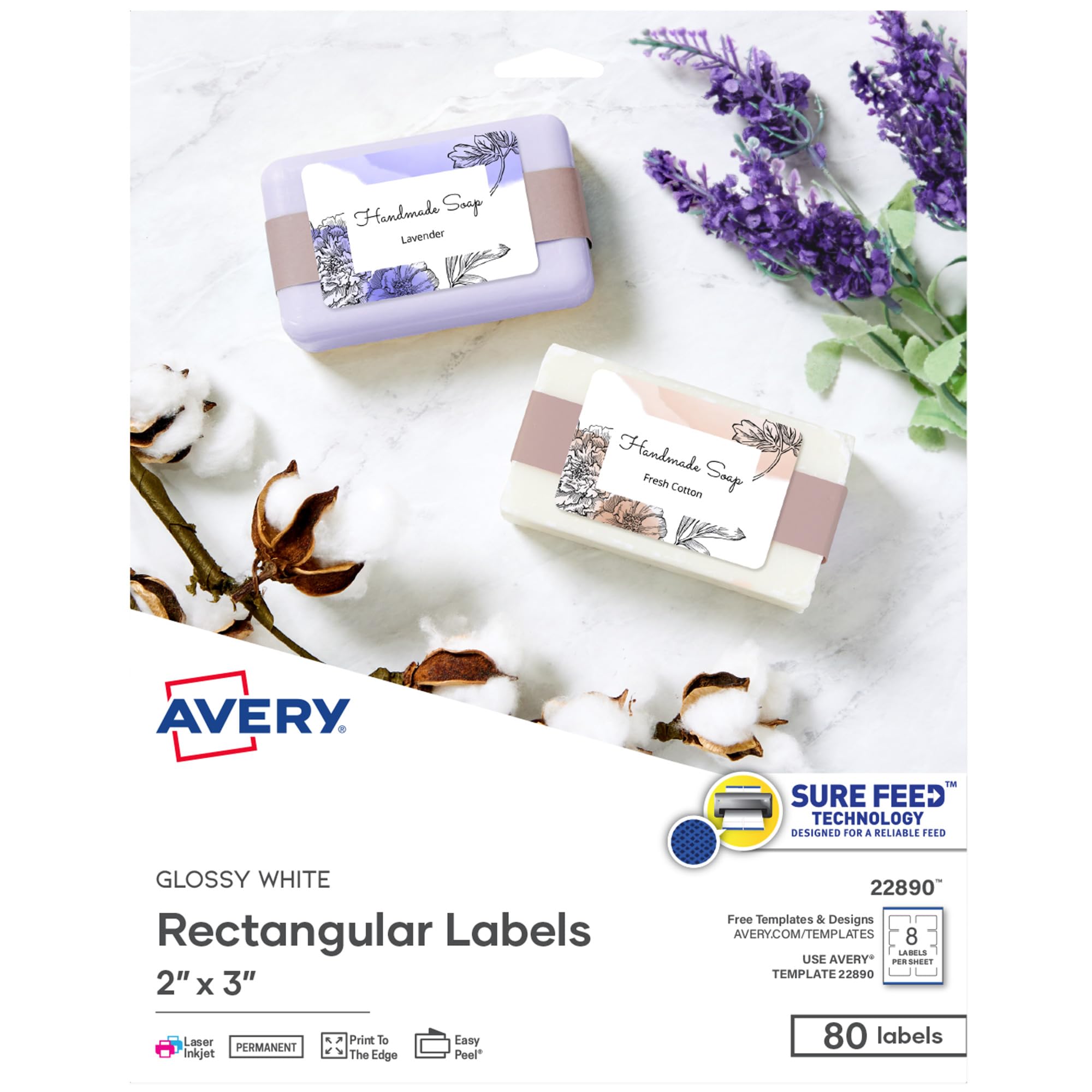 Photo 1 of Avery Glossy White Labels, Sure Feed Technology, 2" x 3" Rectangle Labels, Print-to-The-Edge, Laser/Inkjet, 80 Total (22890)