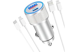 [Apple MFi Certified] iPhone Fast Car Charger, Veetone 48W Dual Port USB C Power Delivery All Metal Car Adapter with 2 Pack Lightning Cable, PD/QC 3.0 Type C Rapid Car Charging for iPhone/iPad/Airpods