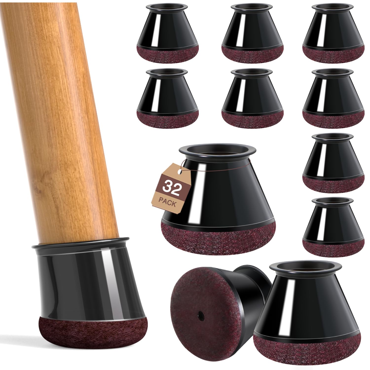 32 Pcs Chair Leg Floor Protectors Furniture Pads Floor Protectors for Hardwood Floors Medium Chair Sliders Silicone Covers with Stronger Felt Pads Black Small (Fit:20.1-30mm) — image 1