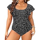 Plus Size One Piece Swimsuit - Women Tummy Control Bathing Suit Ruffle Vintage Swimwear with Sleeves