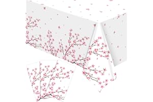 Ganeen 3 Pcs Cherry Blossom Tablecloth Disposable Plastic Table Covers Cherry Waterproof Tablecloths for Baby Shower Birthday Party Decor, 54 x 108 Inch