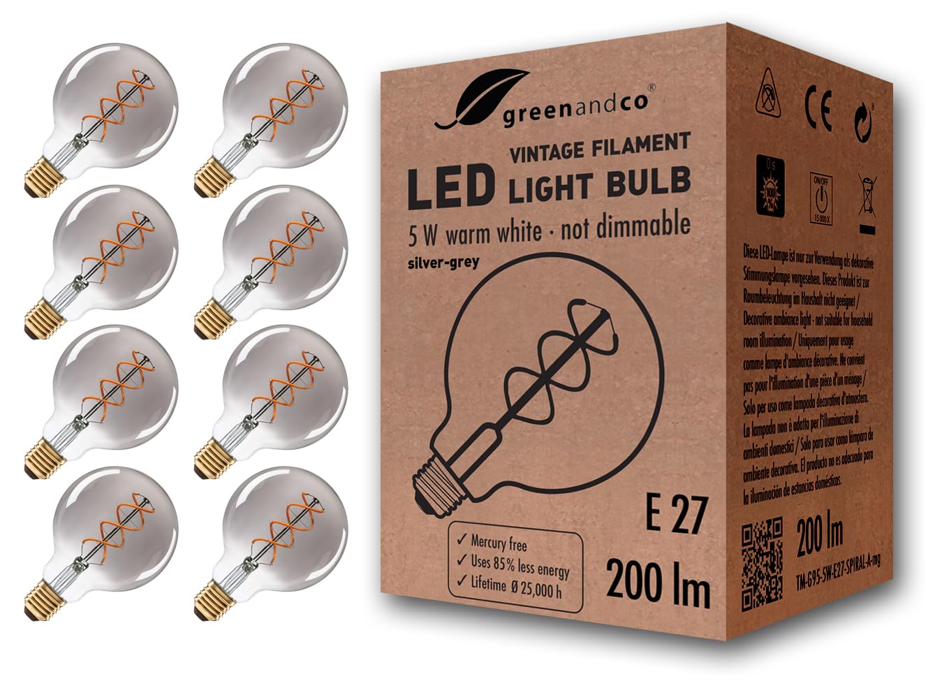 greenandco® E27 G95 LED Vintage Filament Bulb Silver Grey 5W 200lm 1800K Extra Warm White 360° 230V, no Flicker, not dimmable, 8-Pack