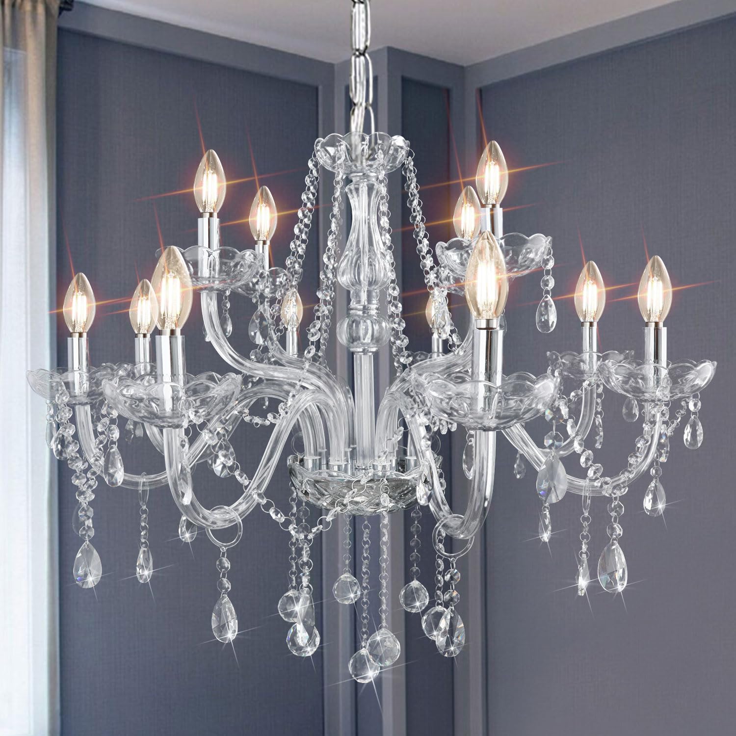 Photo 1 of CRYSTOP Gorgeous Vintage Crystal Chandelier 12-Lights K9 Large Crystal Candle Chandelier Pendant Ceiling Light Fixture for Living Room Dining Room Hallway Entry Chandeliers