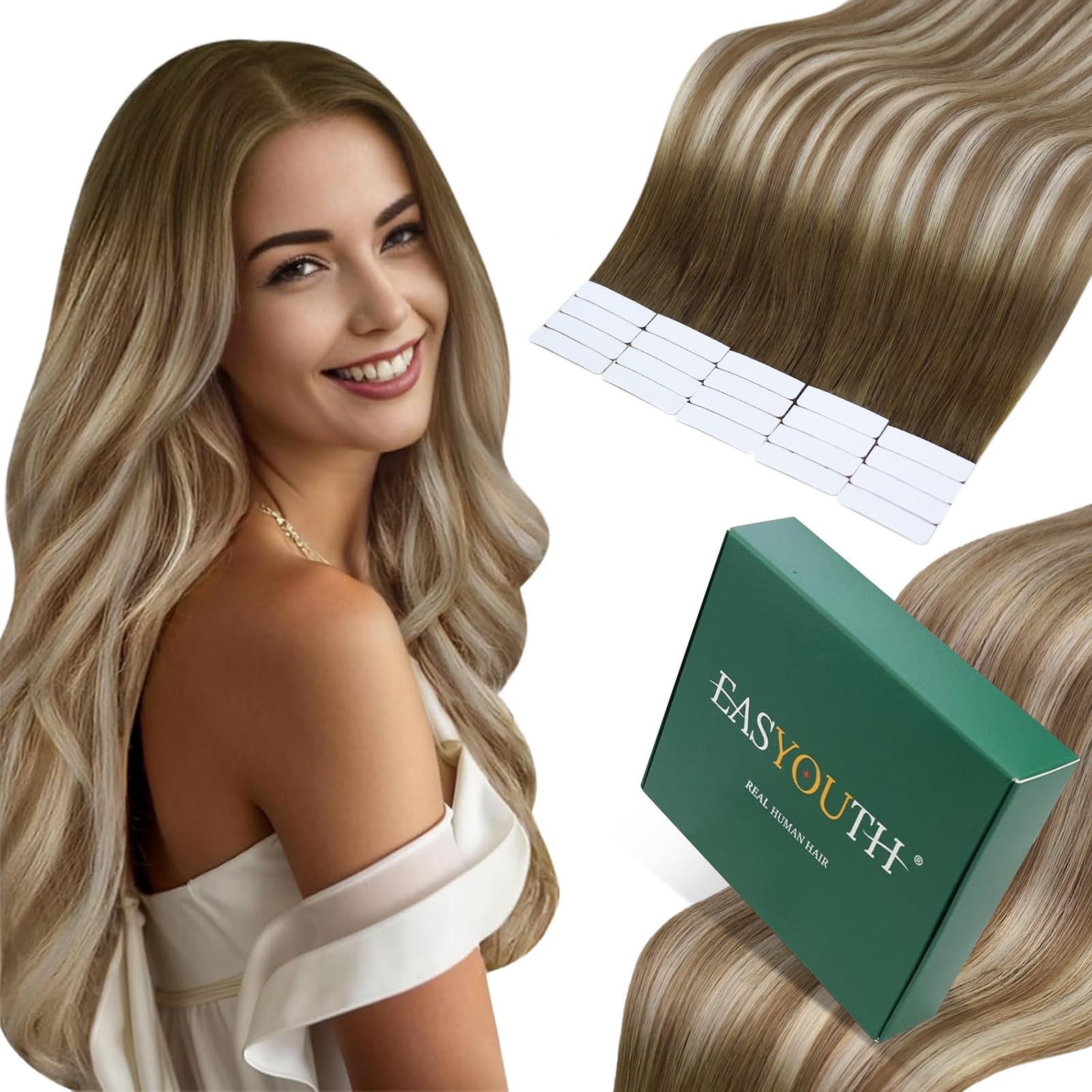 Easyouth Human Hair Tape in Extensions Brown Ombre Tape in Hair Extensions Human Hair Dark Brown to Light Brown Mixed Blonde Tape in Real Hair Extensions Straight for Women 14Inch 40g 20Pcs #3/8/22