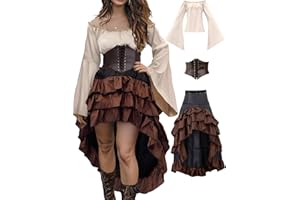 Verceco Pirate Costume Women Outfit with Renaissance Pirate Shirt Skirt Corset Waist Belt Womens Halloween Pirate Costumes (Beige+brown, S)
