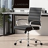 LANDSUN Home Office Chair Mid Back Desk Chair PU Leather Ribbed Executive Swivel Computer Chair with Wheels and Armrests Soft Padded Adjustable Height Conference Task Black