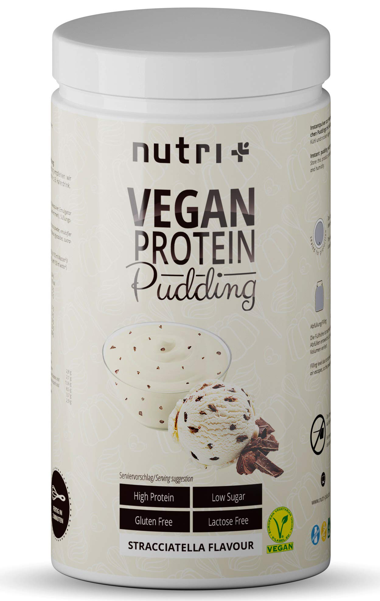 Protein Pudding Vegan Stracciatella 500g with Real Chocolate Sprinkles - only 119 Calories - Low Sugar Dessert - Low Sugar - Lactose Free - Gluten Free