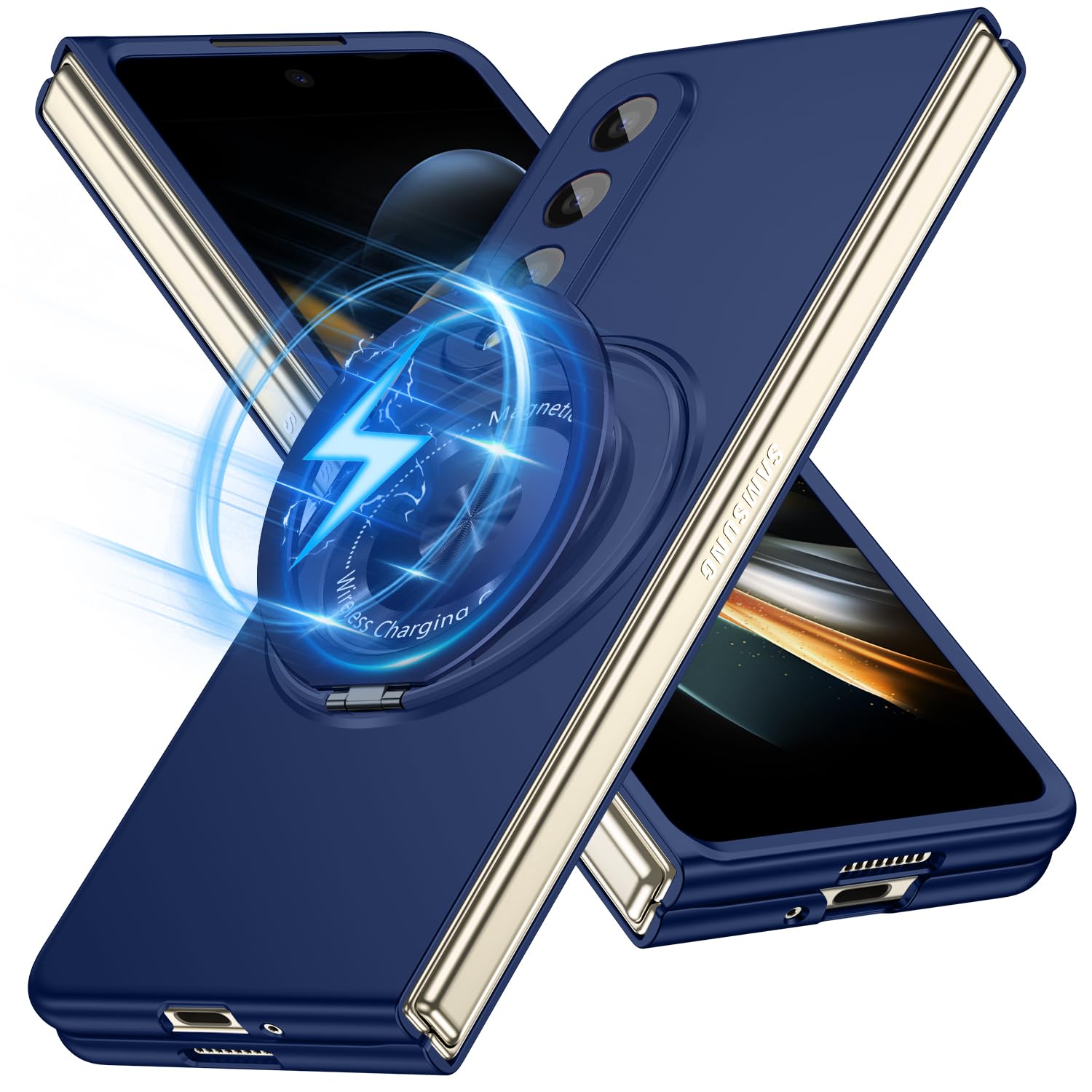 Photo 1 of AYSZNBLA Magnetic Case for Galaxy Z Fold 4 with Rotatable Stand, Matte PC Case for Women Men Girls Boys Drop Protection Shockproof Slim Fit Durable Cover for Galaxy Z Fold 4, Deep Blue 13.19