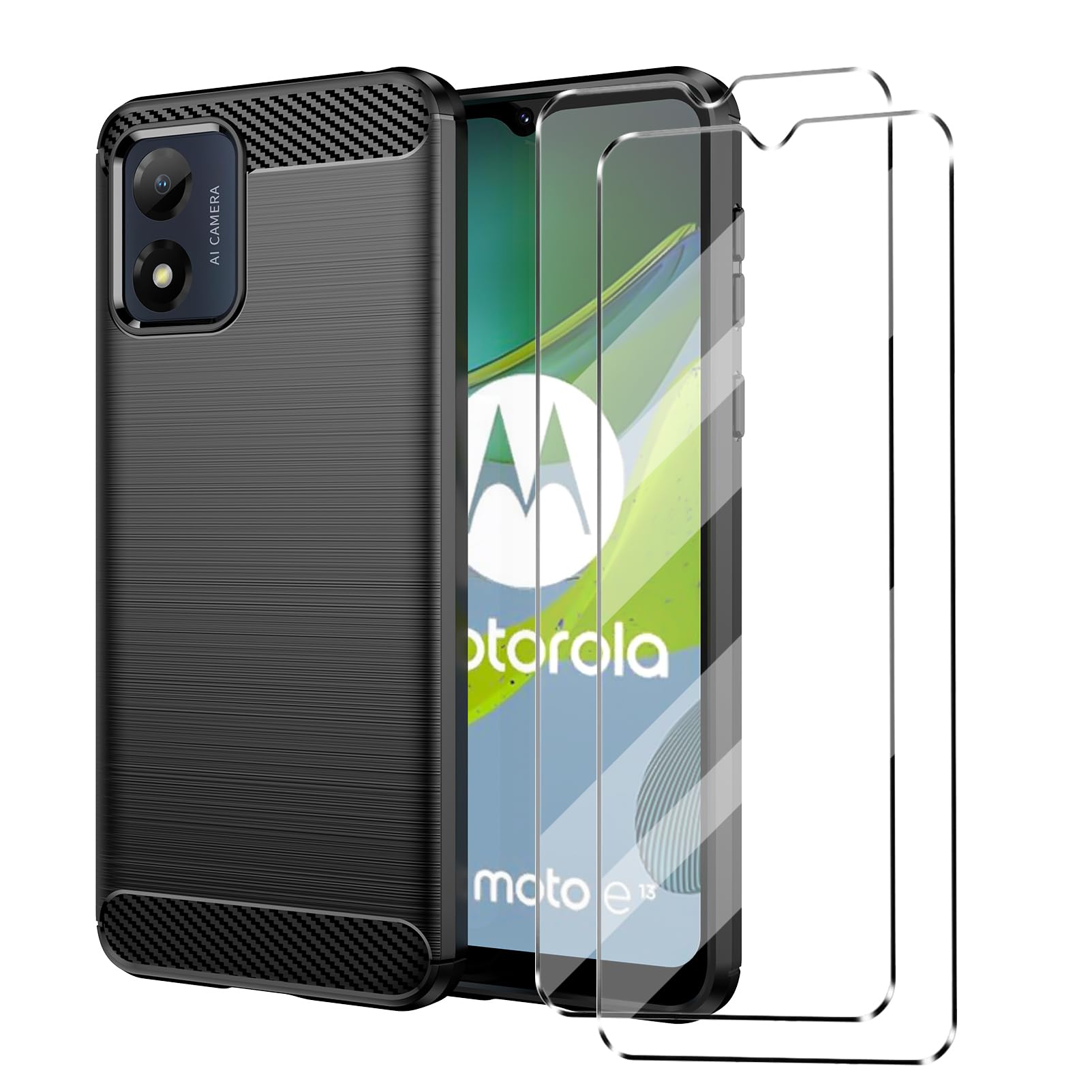 [3 in 1] Case Compatible with MOTO E13 Cover with 2 Pack Tempered Glass Screen Protector for MOTO E13, Slim Fit Soft TPU Shockproof Anti-Scratch Phone Case Cover - Black