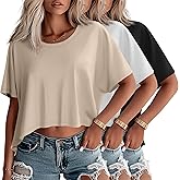 Huukeay 3 Pack Women's Oversized Cropped T Shirts Short Sleeve Loose Summer Crop Tops Casual Crewneck Irregular Hem Baggy Tee