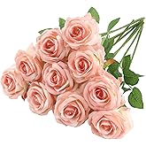 Nubry Artificial Silk Rose Flower Bouquet Lifelike Fake Rose for Wedding Home Party Decoration Event Gift 10pcs (Gradient Light Pink)