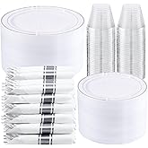 WELLIFE 350-Piece Silver Plastic Dinnerware Set - Disposable 10.25" Dinner Plates, 7.5" Dessert Plates, 9oz Silver Rim Cups & Cutlery for Weddings - 50 Guest Service - Elegant Disposable Silverware