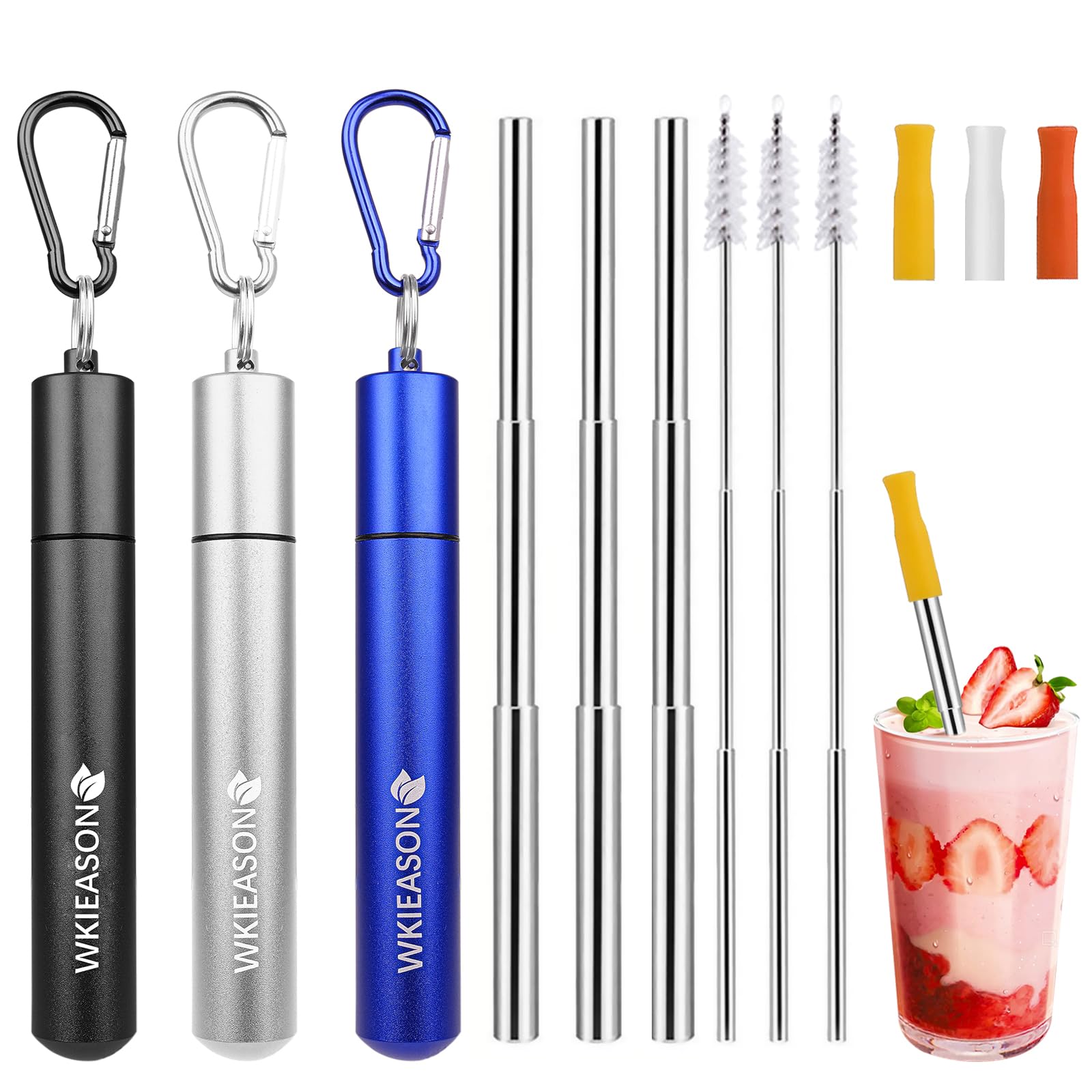 WKIEASON 3 Pack Portable Metal Drinking Straws Collapsible Stainless Steel Straws Telescopic Reusable Straw with Aluminum Key-Ring Case & Cleaning Brush and Silicone Tips for Travel Home Work