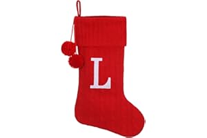 Pxniy Personalized Christmas Stocking 19 Inch - Red Cable Knit with Monogram Embroidery & Pom Poms, Family Fireplace Hanger for Holiday Decor, Red Letter L