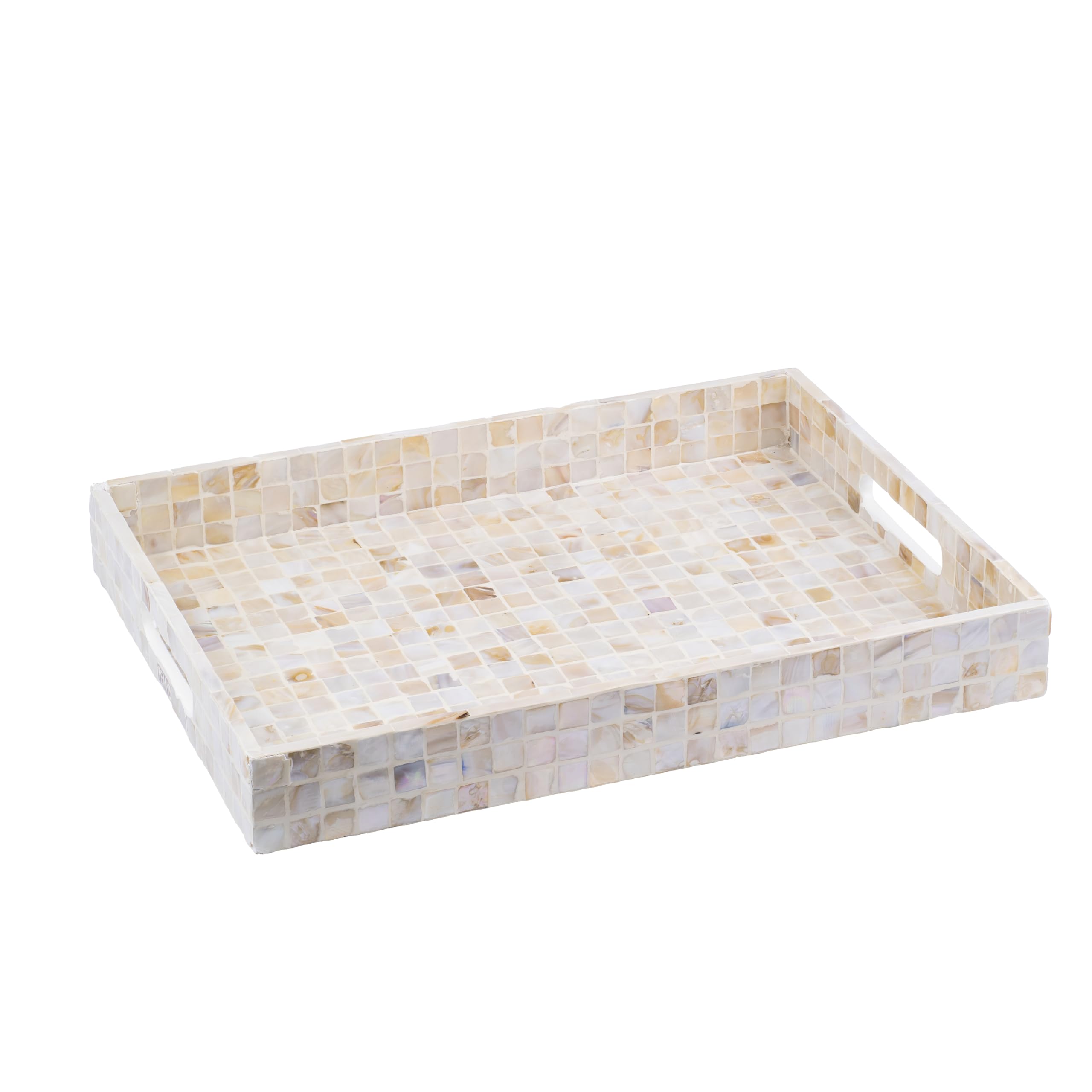 Photo 1 of PEMAR Rectangular Mother of Pearl Serving Tray Nacre Wood Lap Ottoman Tray for Coffee Table, Luxury Decorative Handmade Eating Platters w Insert Handles (White Cream)