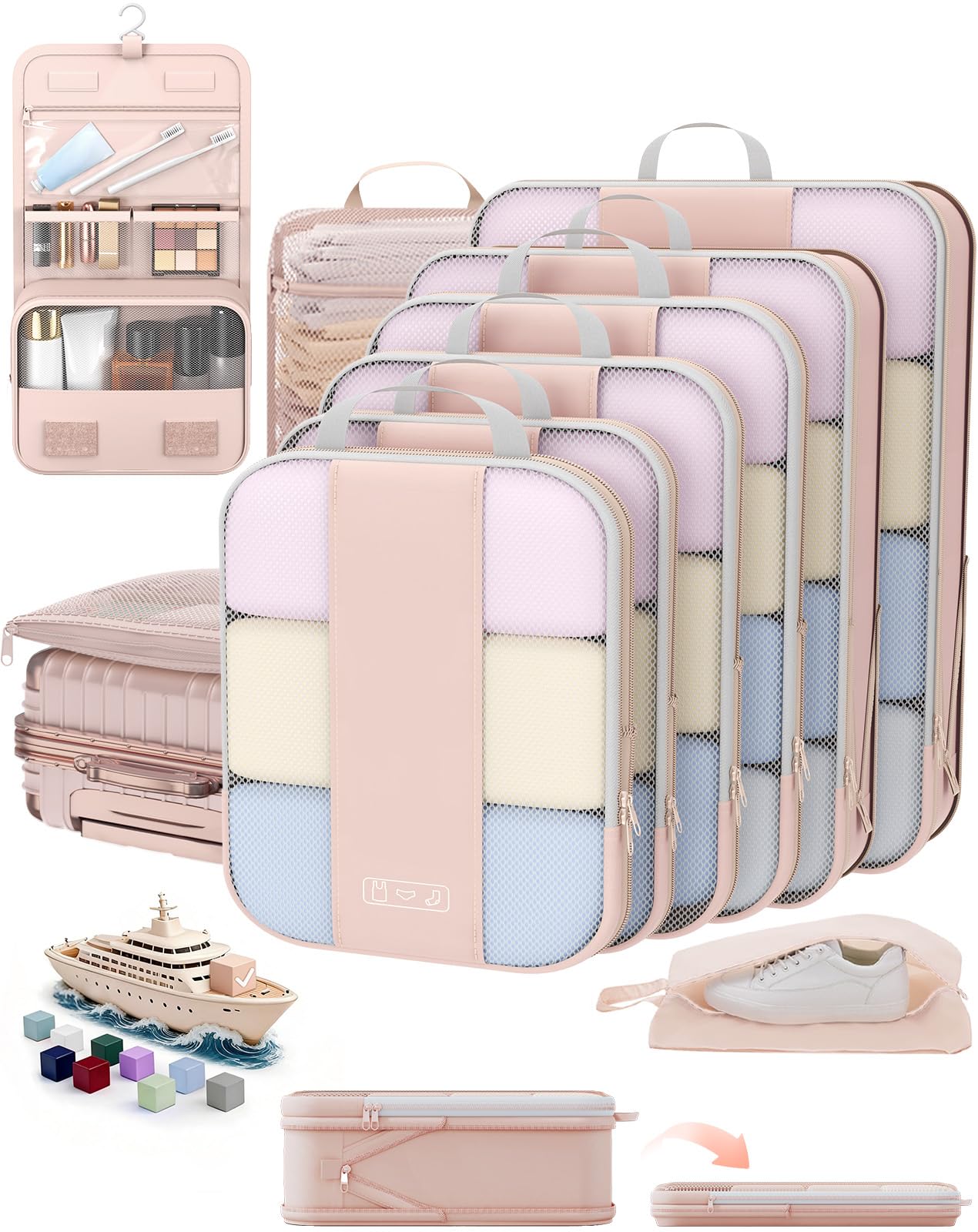 Photo 1 of 10 Set Compression Packing Cubes for Travel Gifts Women Mom,OlarHike Luggage Clothes Organizer for Travelers,Airplane/Cruise/Car/Train Travel Essentials,Compressible Expandable Saver Space Bags(Beige)