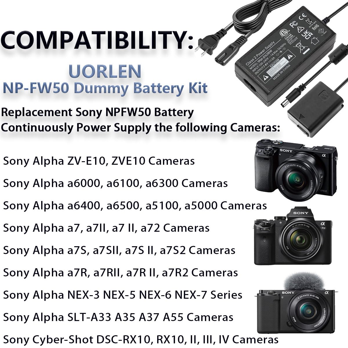 UORLEN AC-PW20 AC Power Adapter NP-FW50 ZV-E10 Dummy Battery Kit for Sony Alpha ZVE10 A7II A7SII A7RII A7 A7R A7S NEX-5/6/7 A5100 A6000 A6100 A6300 A6400 A6500 RX10 II III IV Cameras Accessories
