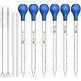Weewooday Glass Droppers Pipettes Graduated Lab Dropper Glass Liquid Pipette with Big Rubber Hats 20 cm Stir Rod Washing Brush Transfer for Liquid Essential Oil(16 Pieces,Blue,5 Ml, 10 ml)