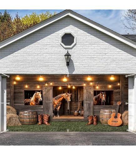 16X7ft Rustic Garage Door Cover, Red Farm Barn Door Garage Door Decoration Vintage Wood Garage Door Background, Farmhouse Wooden Barn Door Garage Door Birthday Party Banner For Kids Adult