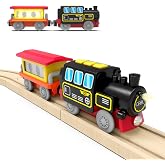Motorized Train for Wooden Track &ndash; Black &amp; Red Steam Locomotive with Flashing Carriage that Reveals Passenger Images, Lights &amp; Sounds, Compatible with Thomas &amp; Brio, Gift for Toddlers 3+