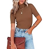 Lacozy Women Casual Short Sleeve Shirt Basic Mock Neck Top Slim Fit Ribbed Knit Pullover Sweater