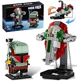 Boba Fett Brick Figure Headz &amp; Slave 1 Starship Tensegrity Building Set | Boba Fett Starship Microfighter Tensegrity Collectible Model for Star Fans Boys Kids