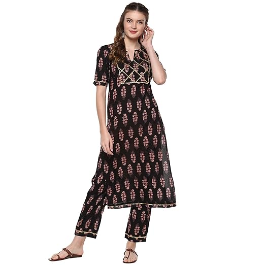 Women's Black Printed Cotton Kurta Set