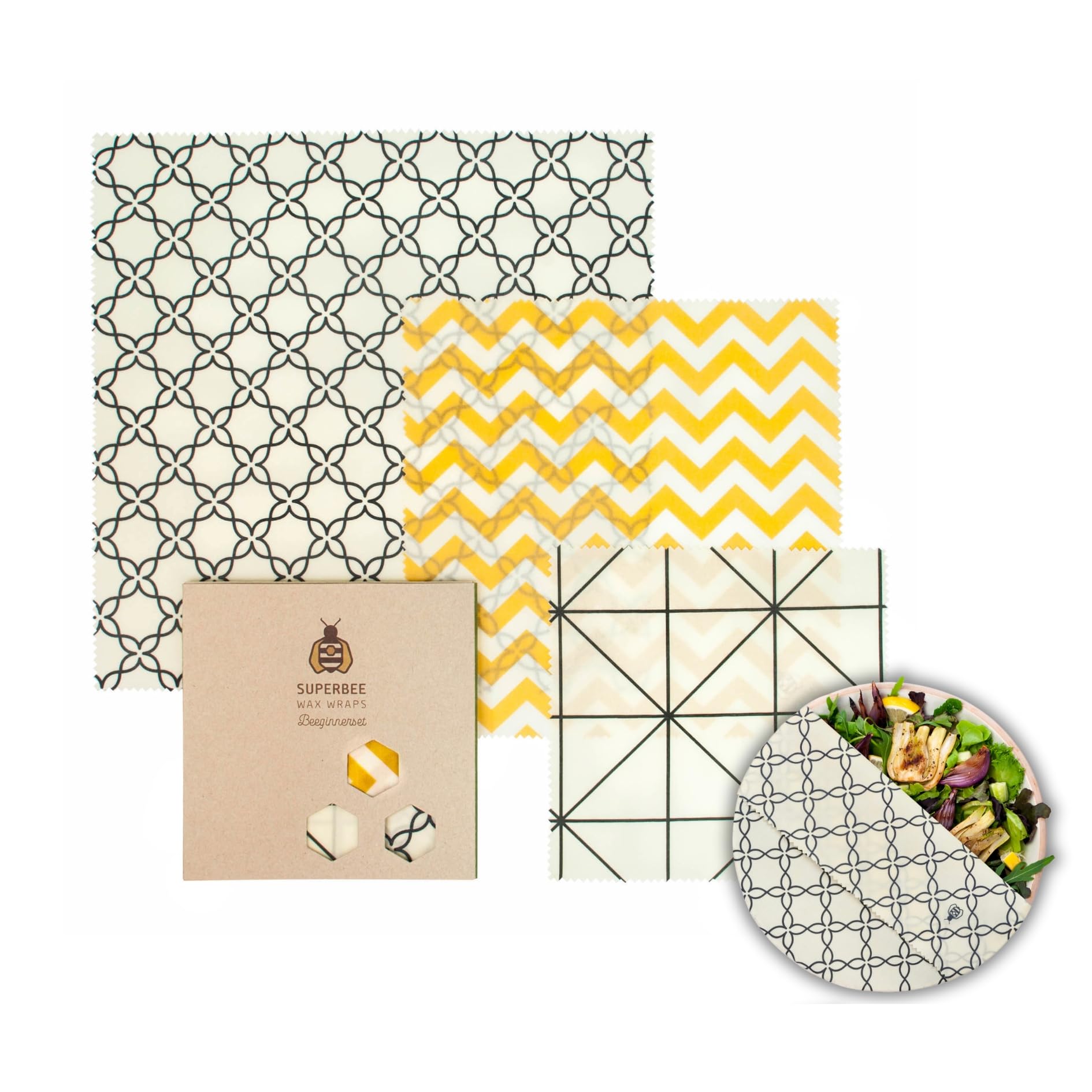 SuperBee Beeswax Wrap 3-Piece Set | Reusable Food Wrap for Vegetables, Cheese, Bowls, and Sandwiches | Classical Pattern Sustainable Wax Paper