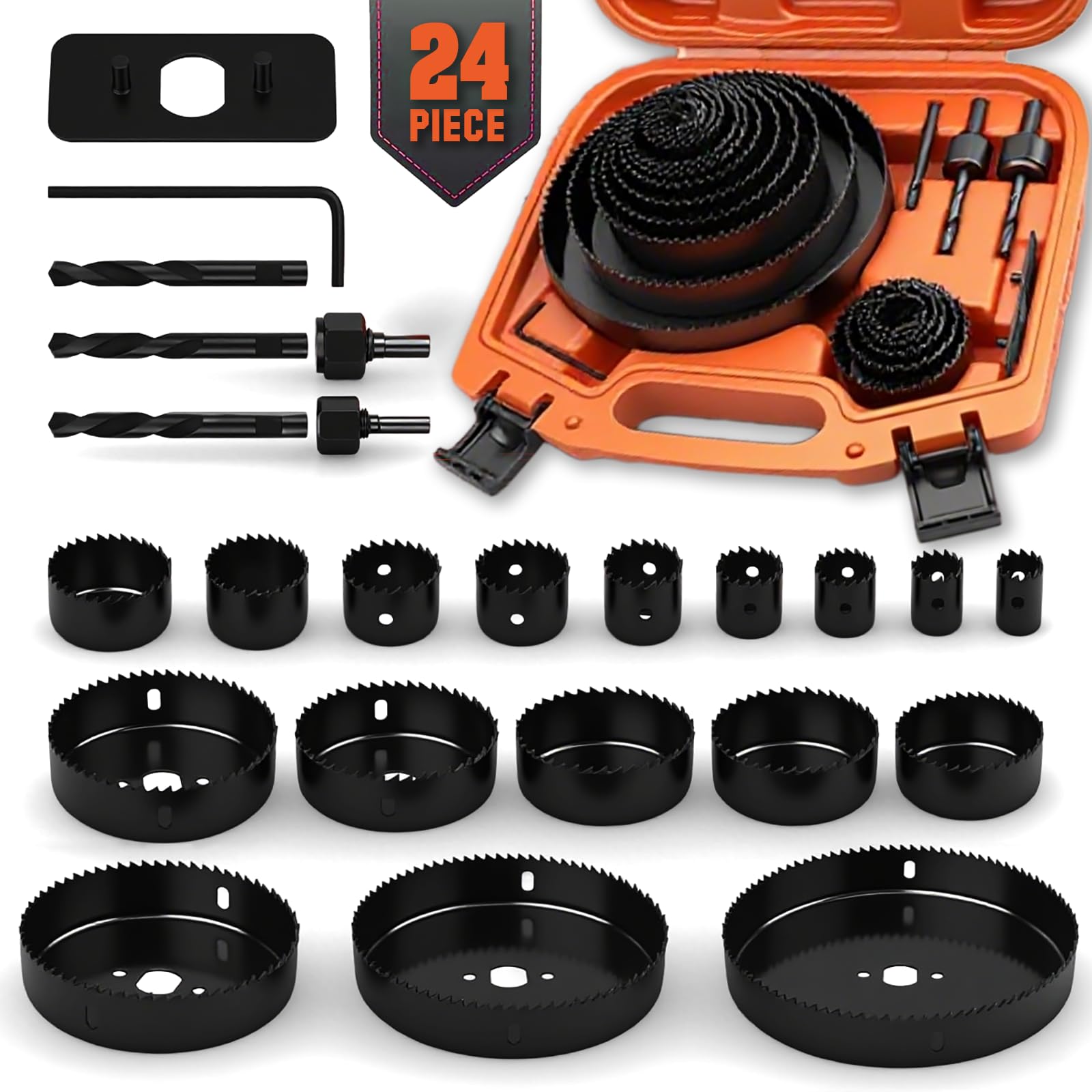 Photo 1 of HORUSDY Hole Saw Set 24PCS Hole Saw Kit,Hole Saw Drill Bit Kit, 3/4"-6" (19-152mm) 17PCS Saw Blades, 2 Mandrels, 3 Drill Bit, Installation Plate, Hex Key, For Drywall, Soft Wood, Plywood, Plastic, PVC