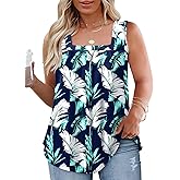 VOGRACE Plus-Size-Tank-Tops for Women Summer Pleated Square Neck Tunics Trendy Casual Floral Print Sleeveless Shirts 1X-5X