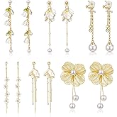 Nosiny 6 Pairs Pearl Dangle Flower Earrings for Women Gold Long Pearl Petal Tassel Drop Earring Trendy Chain Dangle for Wedding Bridal Jewelry Gifts