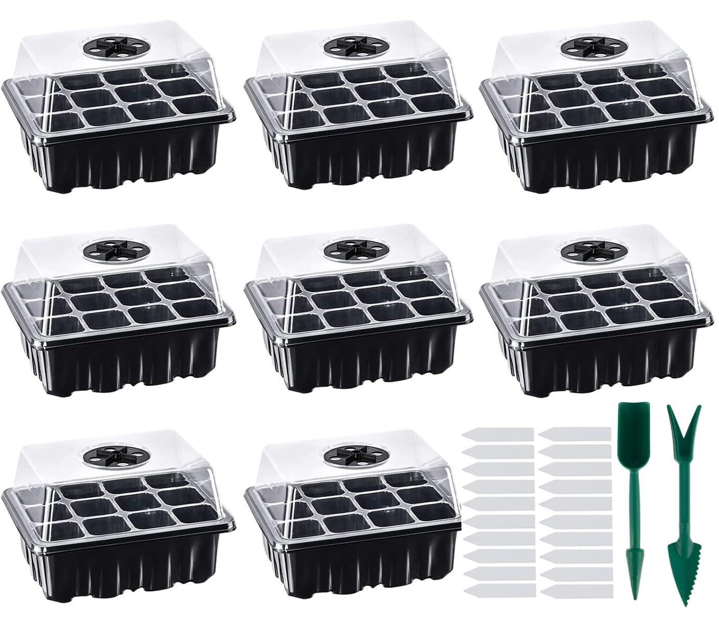 Lostwry Seed Starter Tray, 8 Pack 96-cell Seed Starter Tray kit Humidity Adjustable Kit with Dome and Base Greenhouse Growing Trays Mini Propagator for Vegetable and Flower, Black