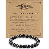 Buddha Stones Black Obsidian Bracelet with Black Tourmaline, Black Stone Bead Bracelet for Men & Women, Unisex Good Luck Bracele for Protection Positive Energy, Healing Crystal Bracelet for Anxiety Relief, Includes Gift Box & Card - 8MM