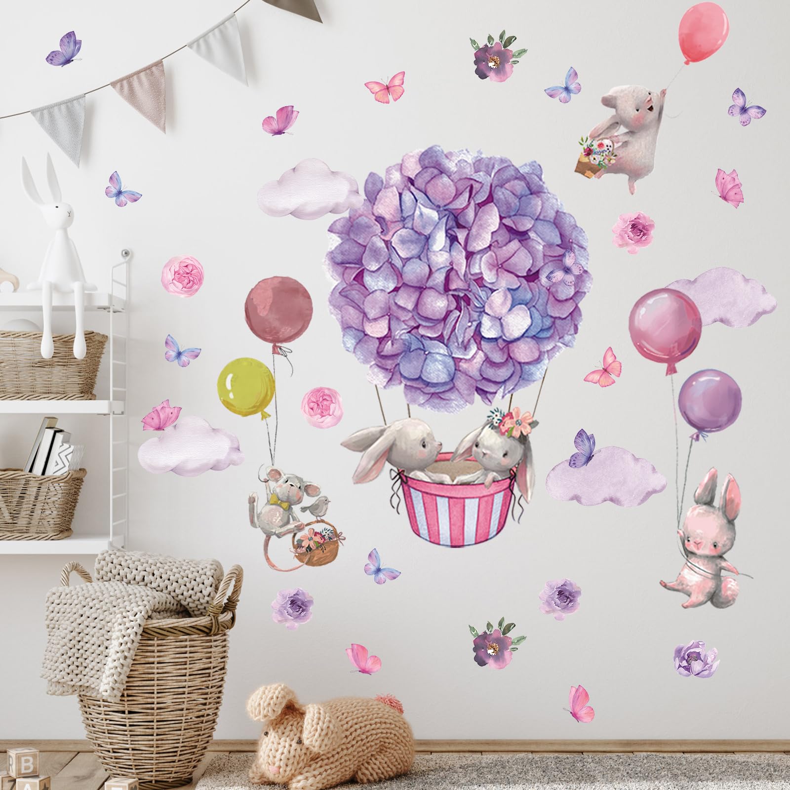 TOARTi Animals Hot Air Balloon Wall Stickers Flowers Elephant Giraffe Bear Airplane Wall Art Decals for Girls Room Baby Nursery Kids Bedroom