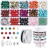 AHANDMAKER Natural Stone Friendship Bracelet Making Kit, 440Pcs Crystal Stone Beads, Bracelet Making Kit with Black and White Elastic Thread, Real Loose Gemstones for Bracelet Necklace Jewelry Making