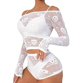XIUSEMY Lingerie Set for Women Top and Panty for Halloween | Two Piece Fishnet Sets Skull Patterned Design Cosplay Costume