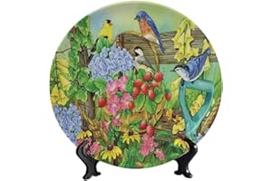 LIGUTARS Flowers and Birds Decorative Ceramic Plate, 8 Inch, Strawberries and Birds in A Basket Ceramic Decorative Plate with Vertical Stand for Dining Table Tabletop Party Kitchen Home Decor Gift