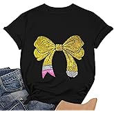 Teacher Shirt for Women Sequin Teacher Pencil Bow T-Shirt Short Sleeve Back to School Tee Tops