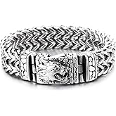 COOLSTEELANDBEYOND Mens Steel Wolf Head Bracelet, Large Franco Link Curb Chain, Textured Scale Clasp, Gothic Viking