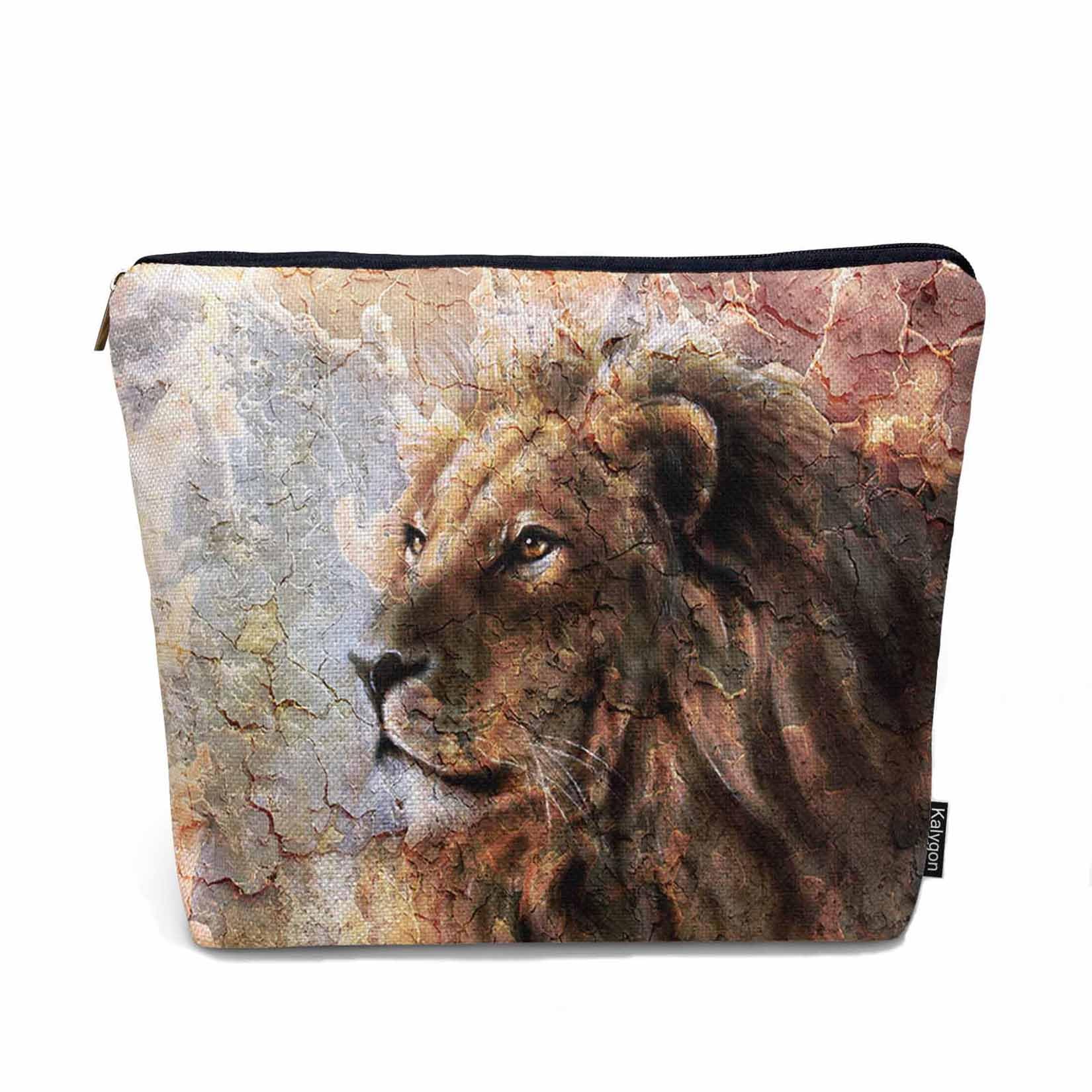 Photo 1 of Kalygon Makeup Bag Lion Makeup Bags For Purse Pouch, Wildlife Forest King Lion Travel Toiletry Bag Cosmetic Bag Makeup Bags Flax Makeup Organizer Bag Pencil Pouch For Man Woman, Brown