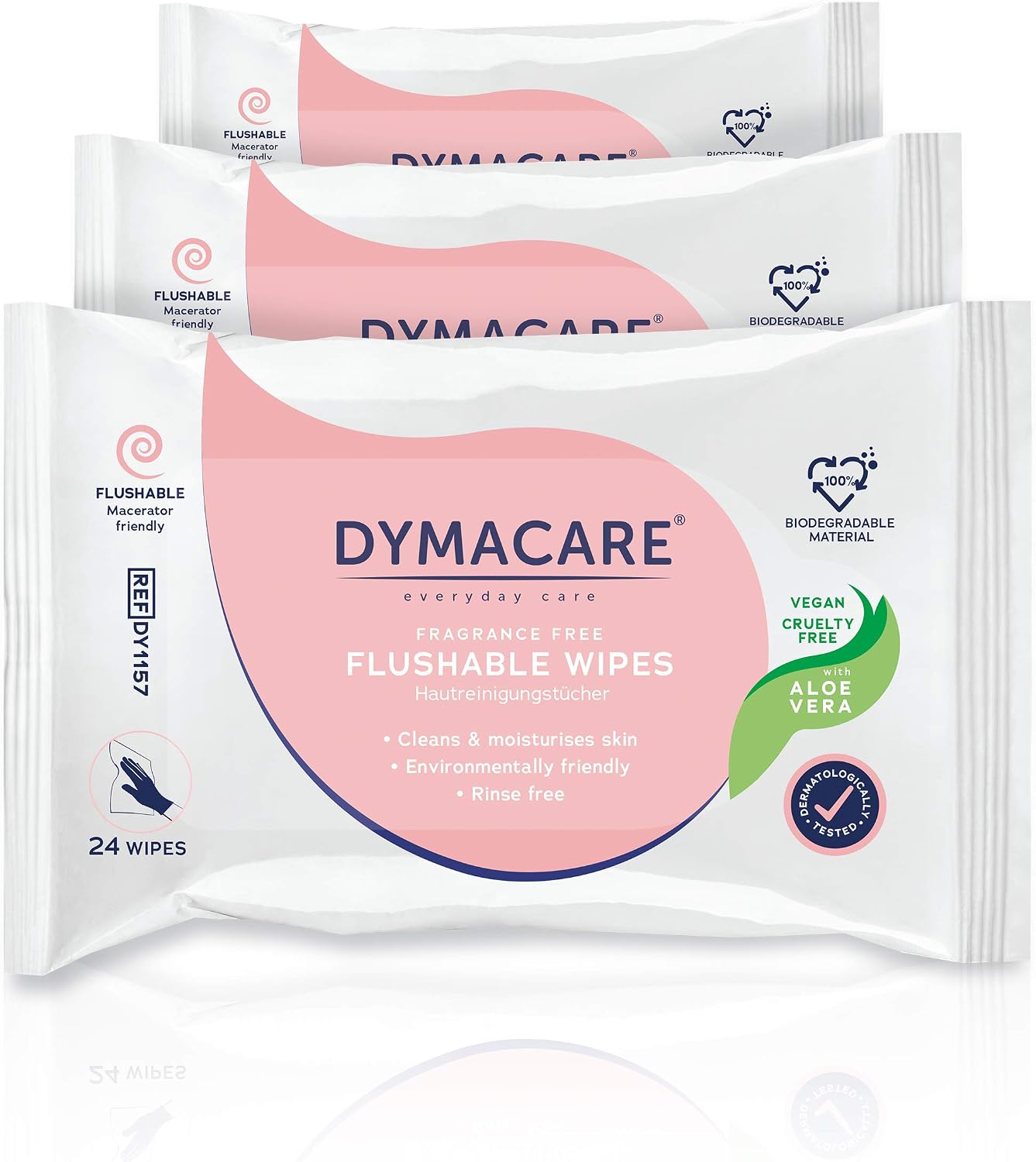 DYMACARE Flushable Wet Wipes | Gentle Biodegradable, Dispersible Fragrance-free Moist Body Cleansing Wipes | with Aloe Vera | 3 Packs (72 wipes in total)