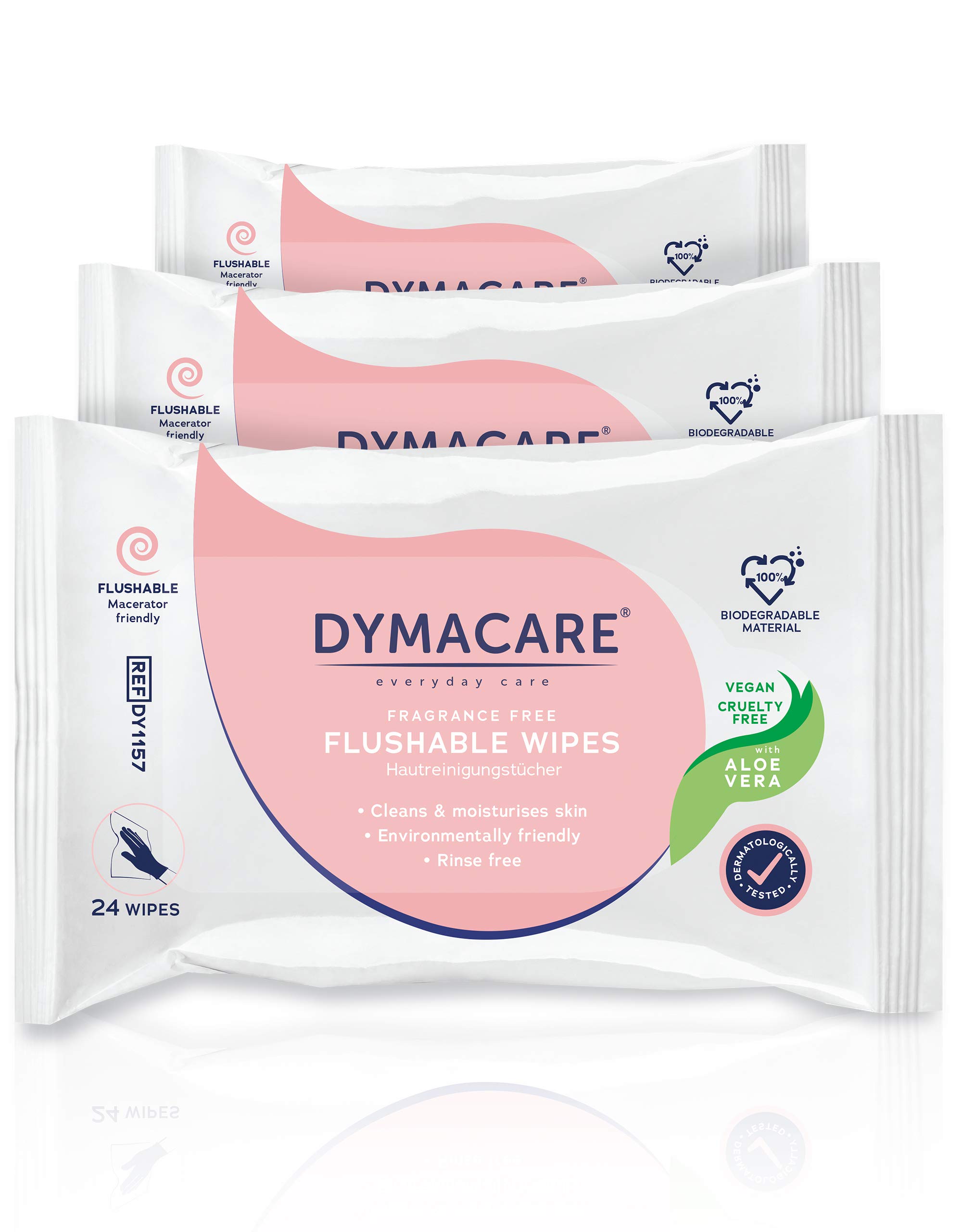 DYMACARE Flushable Wet Wipes | Large Unfragranced Moist Body Cleansing Wipes with Aloe Vera | Plant based biodegradable wipes for Personal Care and all the Family | 3 Packs (72 wipes in total) — image 1