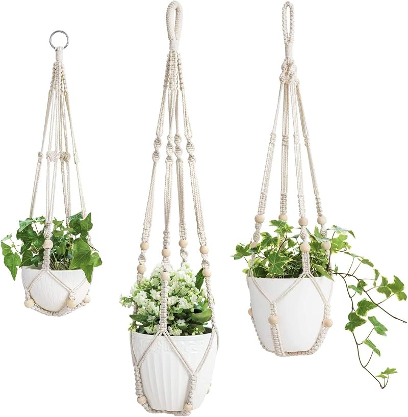 Mkouo 3 Pack Macrame Plant Hangers Indoor Cotton Rope Beads 58/73/89cm