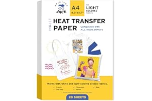 Printers Jack Iron-On Heat Transfer Paper for White and Light Fabric, 20 Pack 8.3x11.7 inch T-Shirt Transfer Paper for Any Inkjet Printer, Long Lasting Printing Transfer Paper for Heat Press