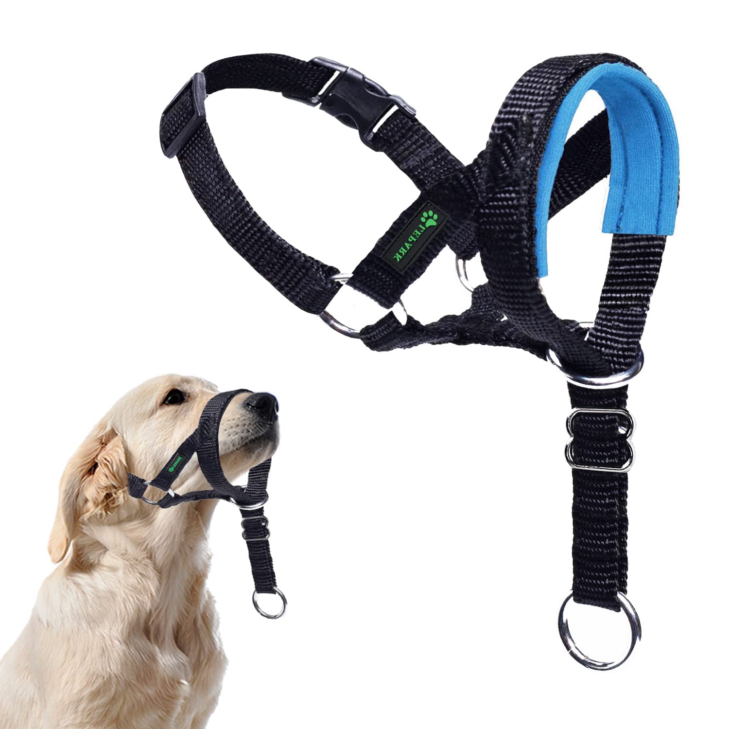 ILEPARK Dog Head Collar with Safety Strap, Head Harness for Dogs to Stop Pulling, Adjustable and Easily Control (M, Lake Blue)