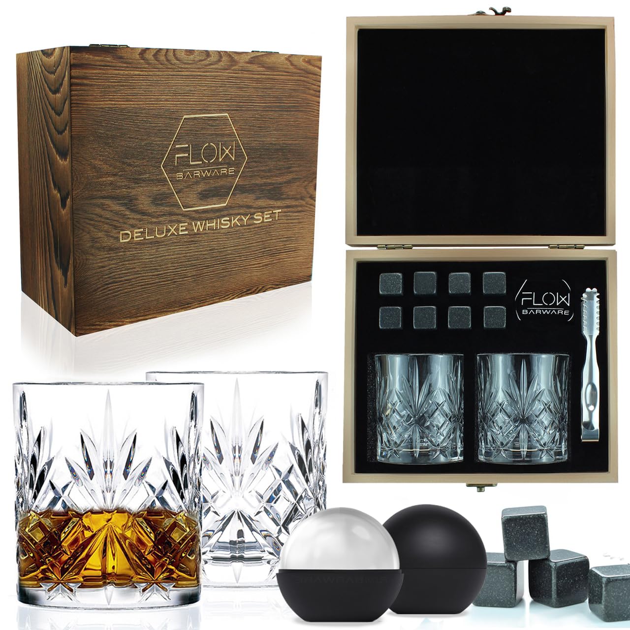 FLOW Barware Whiskey Glasses Set Of 2 & Polished Whisky Stones Gift Set | Whiskey Glass Tumblers With Cut Design | Whisky Glass For Scotch, Bourbon Rocks Glass | Whiskey Gift Sets For Men