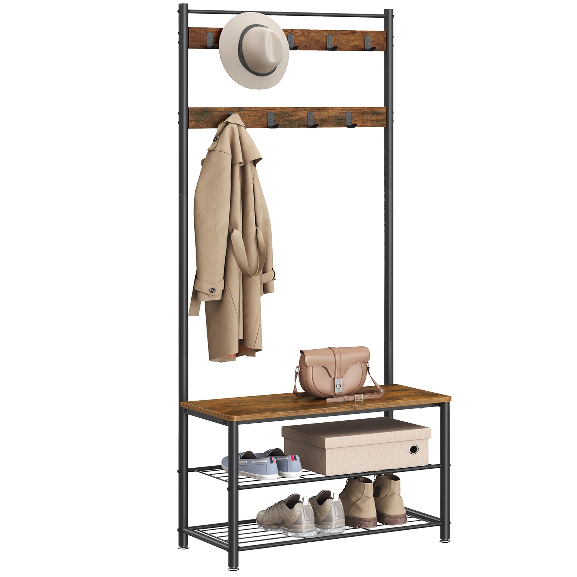 VASAGLE Coat Rack, Hallway Cabinet, Cloakroom, Clothes Rack, with Bench and Shoe Shelves, Hooks, Metal Frame, Height 175 cm, Industrial Style, Rustic Brown and Black HSR41BX